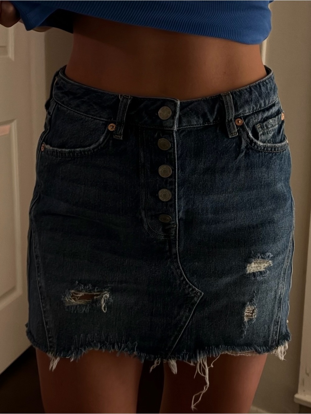 We the Free Denim Distressed Skirt